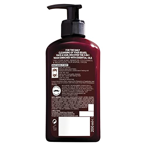 L¡¯Oreal Paris Men Expert Cleansing 3-in-1 Beard, Face & Hair Wash 200ml, Barber Club Wash With Cedarwood Essential Oil, Deeply Cleanses and Removes Beard Flakes