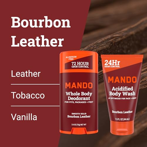 Mando Smooth Solid Stick (2.6 Ounce) + Acidified Body Wash (1.5 Ounce) - Clinically Proven to Block Odor All Day - Whole Body Safe For Pits, Packages + Feet (Bourbon Leather)