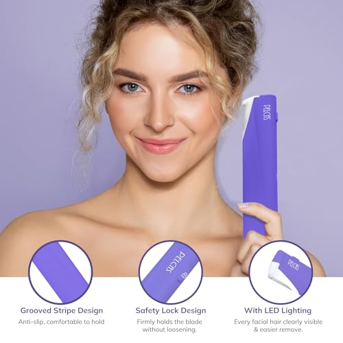 PELCAS Electric Dermaplaning Tool with LED Light, Dermaplane Razor for Women Face, Pro Plus Dermaplaner, 3 Speeds Facial Hair Removal & Exfoliation System At Home with 6 Blades BV18-712 Violet
