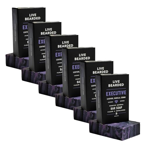 Live Bearded All-Natural Bar Soap for Men, 6-Pack of 5 oz - Made in the USA - Exfoliates and Moisturizes - Charcoal, Pumice, Shea Butter | Executive Scent - Cedar, Vanilla