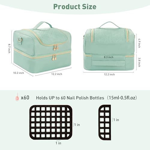 Nail Polish Organizer Case, Nail Supplies Storage Holds 60 Bottles Nail Polish & Nail Lamp Gel Nail Travel Carrying Bag for Nail Kit (Green)
