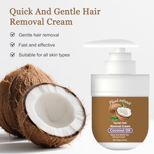 Facial Depilatory Cream, 100ML Coconut Facial Hair Removal Cream for Women for Upper Lip & Chin for Women for Sensitive Skin, Gentle and Non-irritating (/3.52 FL.OZ)