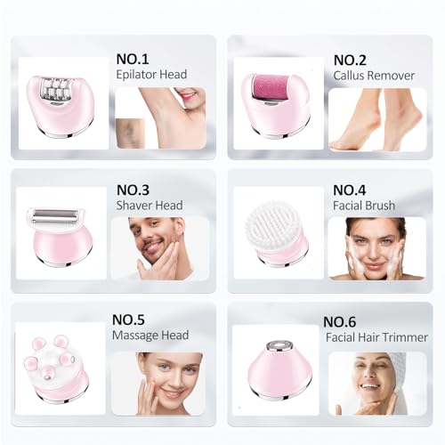Epilator for Women, 6 in 1 Hair Removal Epilator, Shaver, Face Razor, Facial Brush, Face Massage and Body Exfoliator,IPX7 Waterproof Rechargeable Hair Removal for Women (Pink)