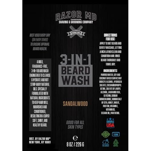 Razor MD Beard Wash for Men, 3-in-1 Beard Shampoo Conditioner and Nourishing, Men's Grooming with Natural Ingredients that Softens and Strengthens Beard, Sandalwood Scent, 8 oz