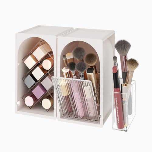 FOLLOWIN Compact Makeup Organizer for Vanity,Lipstick Holder with Grid & Makeup Brush Organizer with Flip Drawer,Cosmetic Organizer Set for Cosmetics,Brushes,Lipsticks,Milk White & Clear