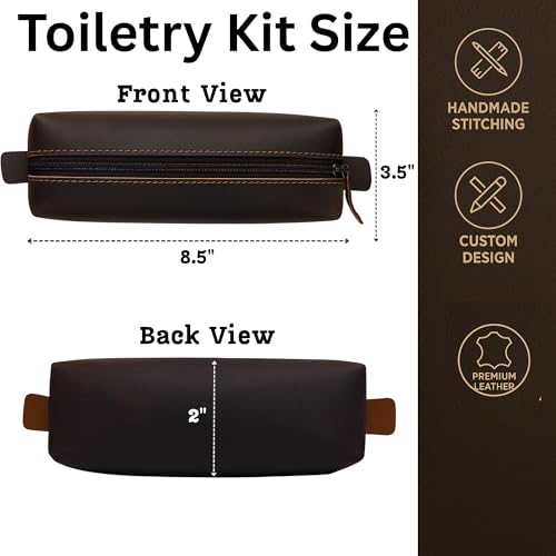 Genuine Leather Toiletry Bag for Men & Women ? Travel Bathroom Organizer Kit, Makeup & Cosmetic Pouch, Compact Dopp Kit with Heavy-Duty Zipper, Handmade Dark Brown Travel Case