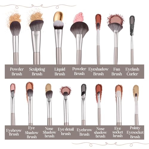 Makeup Brush Set (15 Pieces) - Includes Foundation, Powder, Concealers, Highlighter, Contour, Eye Shadows & Blush Makeup Brushes - Face & Eye Make Up Brushes with Synthetic Bristles