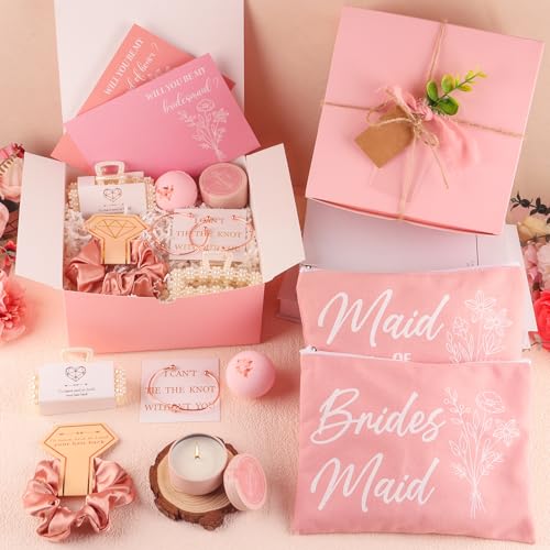 37pcs Bridesmaid Gifts Set Of 3 Pink£¬Maid of Honor Proposal Box Gift,Scented Candle Salt Ball Makeup Bag Rectangular Hair Clip Bridesmaids Scrunchies Knot Bracelet Bridal Shower Wedding Party