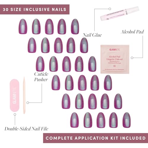 Glamnetic Press-On Nails Bundle - Berry Fizz & Fairy Dust | Magenta Nails and Beige-Pink Nails in Short Oval Shapes with Velvet Metallic Finishes | Reusable Nail Kits