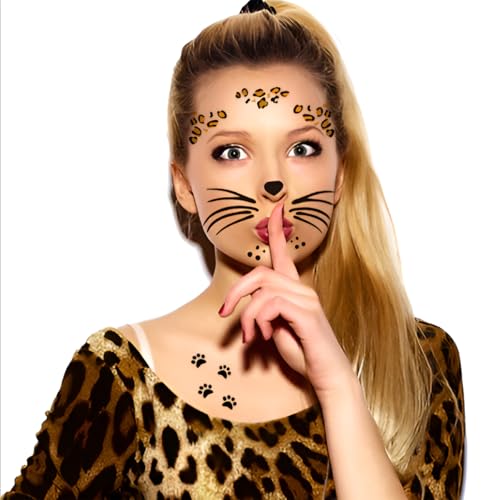 Leopard Face Temporary Tattoos, 7-Sheet Leopard Face Halloween Fake Tattoos for Kids and Adults - Perfect for Parties, Festivals, and Costumes