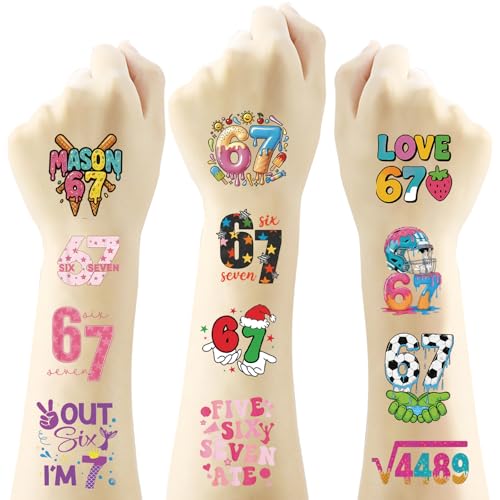 102Pcs 6 7 Meme Temporary Tattoos, Funny Number Six Seven Tattoo Stickers Waterproof Party Favors Decoration Supplies