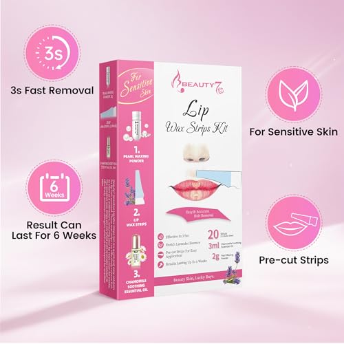 Beauty7 Sensitive Lip Wax Strips, Facial Wax Strips, Face Hair Removal, 20 pcs with Pearl Powder Essential Oil Waxing Strip, for Sensitive Skin Types Women