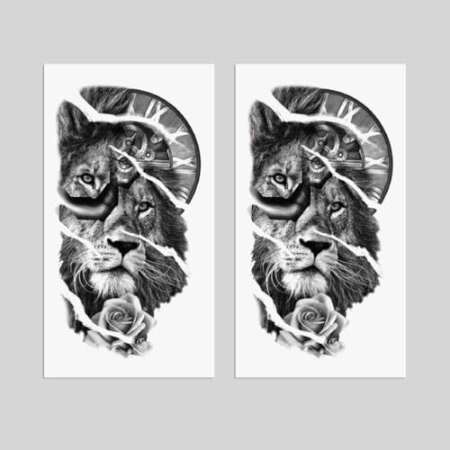 2 Sheets Realistic Animal Temporary Tattoos Stickers Clock Lion Rose Mechanics Designs For Men Waterproof Arm Leg Fake Body Art, Gym & Parties Bold Masculine Decals