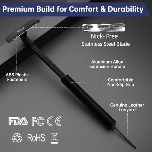 VEYLA Skin-Safe Back Shaver for Men,Aluminum alloy Extendable Long Handle,Wet Dry Use Full Body Hair Trimmer Groomer,Diy Nick-free Safety Razor Back Shaver(1-Pack)