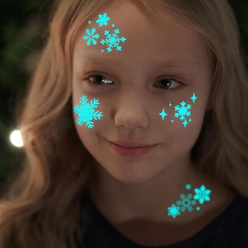 Blue Luminous Snowflake Temporary Tattoos - 74 Individually Sheets White Snowflake Tattoos for Kids Adults Winter Christmas Party Supplies