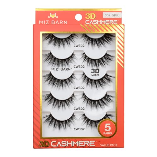 Miz Barn Lashes 3D Cashmere Long Extension Eyelashes Natural Look Soft Reusable False Eyelashes Multipack Wispy Fake Eyelashes 5 Pairs Natural Strip Lashes (CW302)