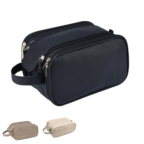 Travel Toiletry bag for men PU Triple-layer Double Zipper Toiletry Bags,Waterproof with Handle Mens Toiletry Bag Stowable Brushes, Toiletries Makeup for Business Trips Camping Bathroom Black