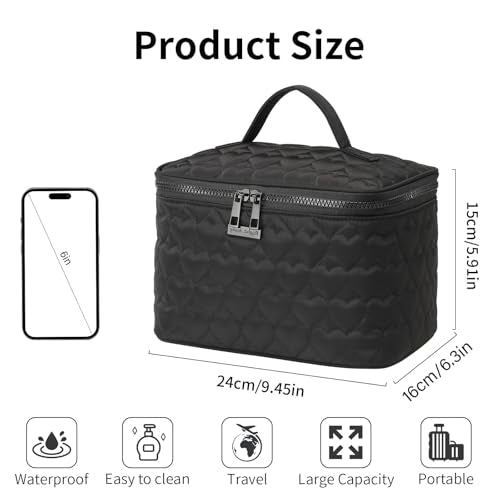 RIGHT AWAY Makeup Bag,Large Cosmetic Bags for Women Girls, Quilted Train Case Make Up Bag with Handle,Travel Makeup Case Organizer,Cute Toiletry Bag Vanity Bag (Black)