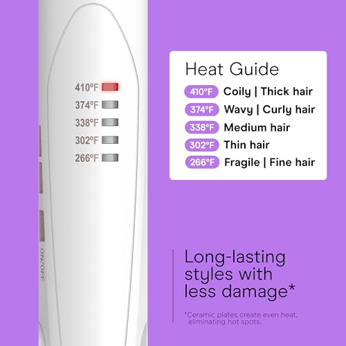 Conair Double Ceramic Flat Iron, 1-Inch Flat Iron Hair Straightener with Claw Clip, 5 Heat Settings, Extra-Long Floating Plates, White