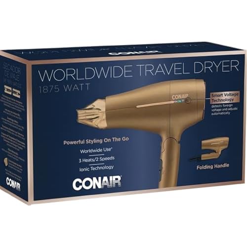 Conair 1875W Worldwide Travel Hair Dryer ? Dual Voltage, Folding Handle, Ionic Technology ? Champagne Compact Travel Blow Dryer for International Use