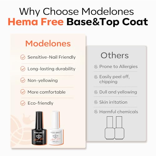 modelones Hema-Free Gel Base and Top Coat Set 2 Pcs & 48W U V LED Nail Lamp, Gooseneck U V Lamp