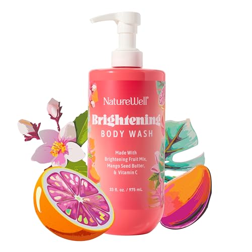 NATURE WELL Brightening Body Wash, Gentle & Creamy Formula Enriched with Mango Seed Butter & Vitamin C, Promotes a Luminous & Healthy-Looking Glow, Orange Zest, Blushed Rose, & Vanilla Scent, 33 Oz