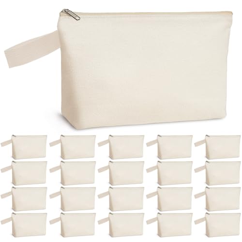 Koolmox Large Canvas Bags with Bottom and Strap, 20 Pack 12Oz Thick Canvas Cosmetic Toiletry Travel Tool Organization Pouches (Beige Bag w/Beige Zipper, L, 12.2x7.4x 2.7'')
