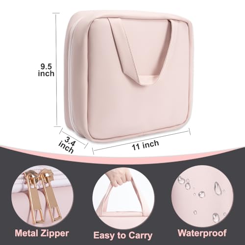 Glint&Glide Travel Makeup Bag with LED Lighted Detachable Mirror, Tri-light Dimmable - Hanging Multi-Compartment Organizer for Women, Portable Cosmetic Case with Four Divided Storage, Pink