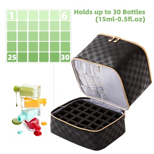 Nail Polish Organizer Bag with Handles - Holds 30 Bottles (15ml - 0.5 fl.oz)£¬Travel Case Portable Storage Bag for Manicure Set (Checkered Black)