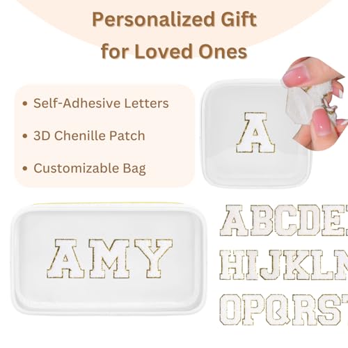 Personalized Travel Makeup Bag Set, 2PCS Toiletry Bag & 26 Chenille Letters, Elegant Skincare Bag, DIY Bridal Shower Gifts for Engagement Wedding (White)