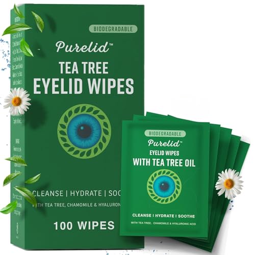 100PCs Tea Tree Eyelid Wipes ? Cleaning Eye Wipes for People with Dry Eyes & Allergies ? Gentle Eyelid Cleanser with Hyaluronic Acid, Chamomile and Aloe ? Individually Wrapped & Biodegradable