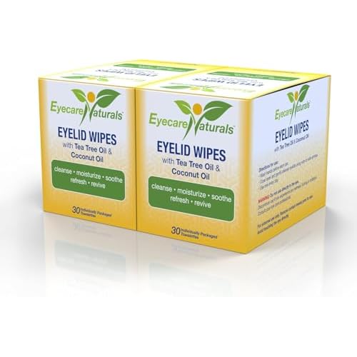 Tea Tree Oil Eyelid Wipes with Coconut Oil - Dry Eye Wipes No Rinse, Natural Essential Oil Cleansing Eye Wipes - Daily Eyelid Makeup Remover - Box of 30 Individually Wrapped Wipes