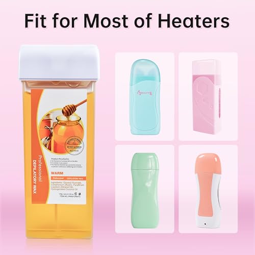 Beauty7 Roll On Wax, Body Hair Removal, Wax Roller Kit, 3 Packs Waxing Cartridge Depilatory Honey Refill, Underarm Leg Waxing for Women and Men, 5 Calming Oil Wipes, 50pcs Paper Strips