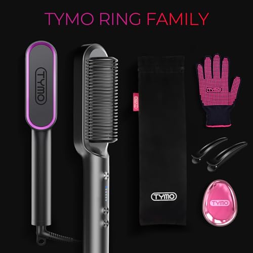 Hair Straightener Brush, TYMO Ring Hair Straightener Comb Straightening Brush for Women with 5 Temps 20s Fast Heating & Dual Voltage, Black