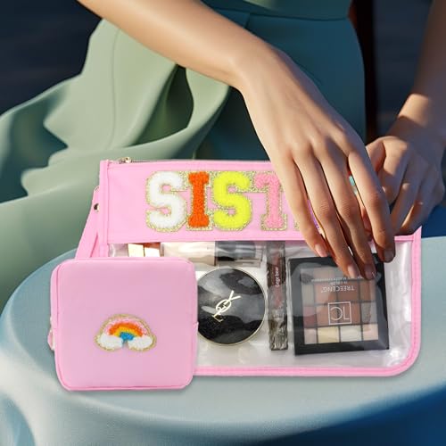 2 Pcs Big Sister Gifts Cosmetic Makeup Bag with Chenille Letter Patch,with Handles PVC Waterproof Clear Makeup Bag,Portable Toiletry Storage Bag
