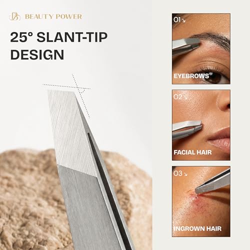 Professional Tweezers in Case - Slant, Durable Lightweight German Stainless Steel, Ultra Precision Tweezers for Eyebrows, Facial Hair, Chin, and Ingrown Hair Removal - Gift Idea - Gray