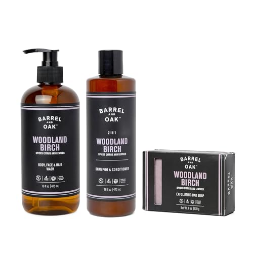 Barrel & Oak Woodland Birch Body Care Set for Men, All-in-One Body Wash, Exfoliating Bar Soap, & 2-in-1 Shampoo and Conditioner Set, Hydrating Grooming Kit, Vegan Gifts for Men, 3-Pack