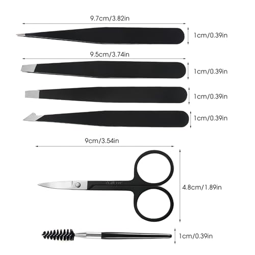 6 Pcs Tweezers Set ? Eyebrow Tweezers with Curved Scissors for Ingrown Hair, Hair-Plucking Daily Beauty Tools for Women, with Leather Travel Case
