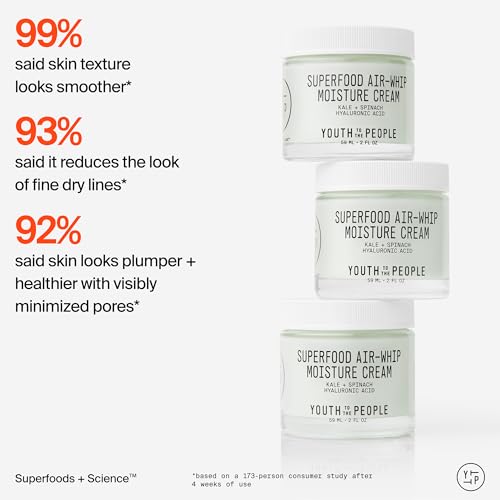 Youth To The People Superfood Air-Whip Moisture Cream - Kale + Green Tea Hyaluronic Acid Face Moisturizer, Smooths + Hydrates Up to 48HR with Dewy Glow, Non-Greasy Lightweight Gel, Non-comedogenic