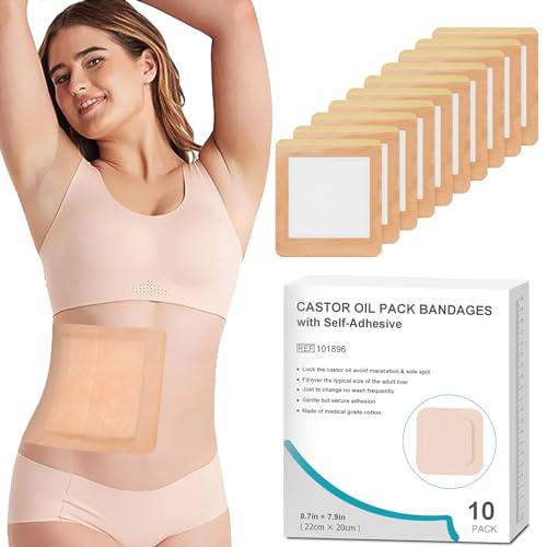 10Pcs Castor Oil Pack Wrap for Liver, Stomach, Belly Button | 8.7"*7.9" Organic Cotton Pads | Highly Absorbent Self-Adhesive Disposable Patches | No Wash, 100% Leak-Free(Oil Not Included) US Patented