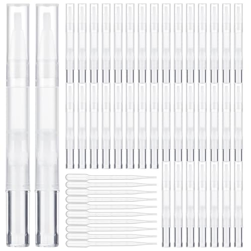 Homaisson 50 Pack 3ml Transparent Twist Pen with Pipettes, Empty Cuticle Oil Pen Refillable Nail Oil Pens with Brush Tip, Empty Cosmetic Lip Gloss Tubes, Clear Eyelash Growth Liquid Containers