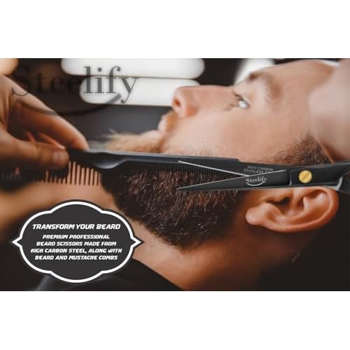 5" Beard Mustache Scissors with 1 Mustache Comb, 1 Beard Comb and Leather Pouch ? Professional Beard Trimming Scissors for All Facial Hair ? Grooming Scissors Men