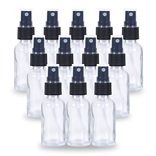2oz Glass Spray Bottle, Fine Mist Boston Glass Bottles with Black Fine Mist Sprayer Small Clear Bottles for Essential Oils, Bath, Beauty, Hair & Cleaning, Clear, Pack of 12