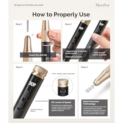 MelodySusie Pen-Shaped Cordless Nail Drill with Adjustable Stepless Speed,SM180F 30000RPM Portable Rechargeable E-File with LED Display for All Manicure Shaping & Acrylic Gel Removal for Pro at Home