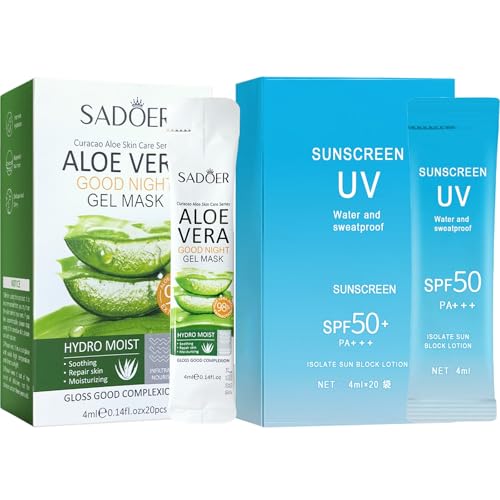 20PCS Mini Sunscreen & 20PCS Mini Aloe Vera Gel - Travel Size Bulk Sunscreen & Aloe Vera Gel (4ml Each), Lightweight & Non-Greasy & Hydrating, Perfect for Outdoor Party, Thank You Gifts, Daily Use
