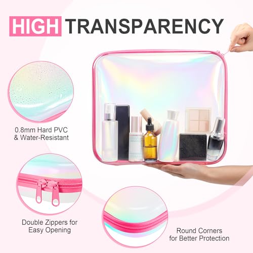 Hoolerry 3 Pcs Clear Hard Zipper Case Makeup Bag Plastic Zipper Pouch Christmas Storage Case Portable Travel Organizer Bin for Cosmetics, Building Blocks, Puzzles(Laser,L)