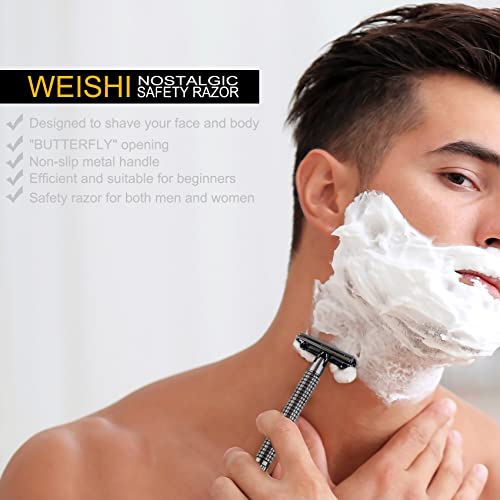 WEISHI Butterfly Open Double Edge Safety Razor for Men, Nostalgic Long Handle with 5 Stainless Razor Blades, Reusable Wet Shave Tool for Smooth, Close Shave
