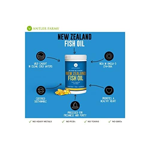 Antler Farms - 100% Pure Wild Caught New Zealand Fish Oil from Deep Ocean, Cold Water Fish, 120 Softgels - Clean, Fresh Omega-3 EPA + DHA Supplement, Keto Friendly, Super Clean