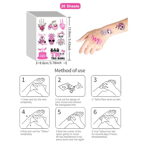 192 Pieces Bad Two The Bone Black and Pink Temporary Tattoos Stickers,20 Sheets 2nd Birthday Skeleton Themed Tattoos Stickers Party Decoration Supplies Party favors