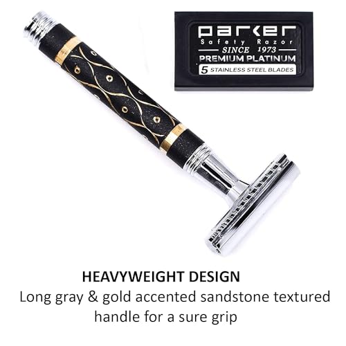Parker 65R Super Heavyweight Double?Edge Safety Razor ? Sandstone?Textured Brass Handle for Precise Grip & Control, 4" Long Handle ? Includes 5 Premium DE Blades